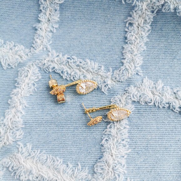 Alicia Bonnie Dual Elegance Gold White Crystal Ear Jacket Earrings Trendy Jewelr - Picture 3 of 3